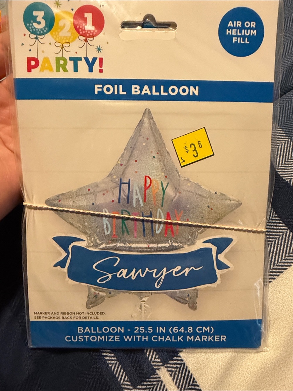 3 2 1 Party! Silver Star "Happy Birthday" Balloon with Blue Name Banner - Sawyer